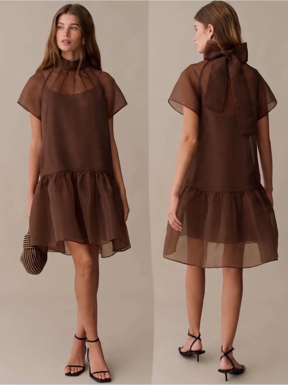 o.p.t Joni Mini Dress Sheer Bow-Back Ruffle Hem Dress - Brown Sz Small
